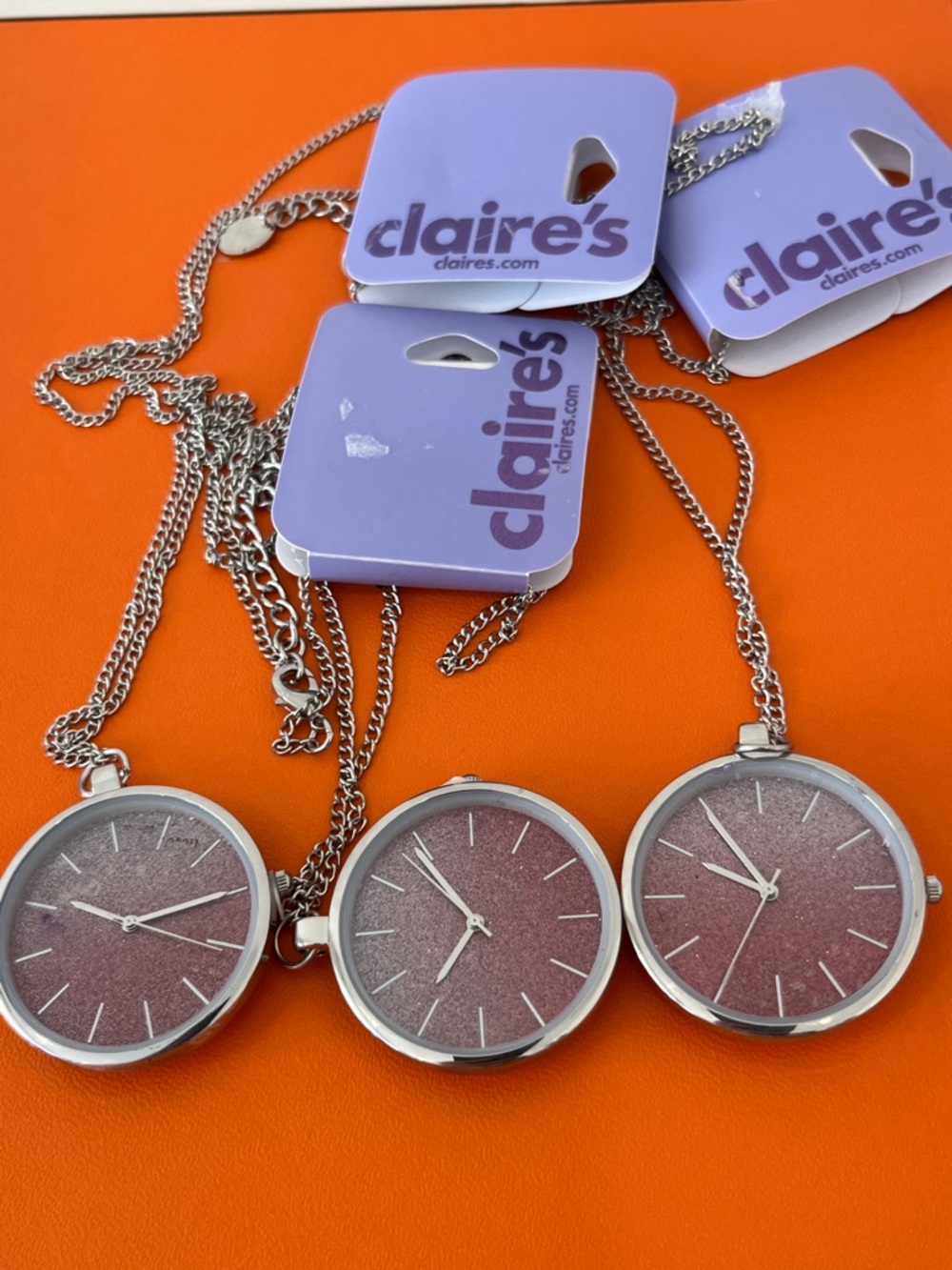 Claire's Silver Pendant Necklaces w Sparkling Pink Face NEW w tag! Best gift GWP - Picture 1 of 5